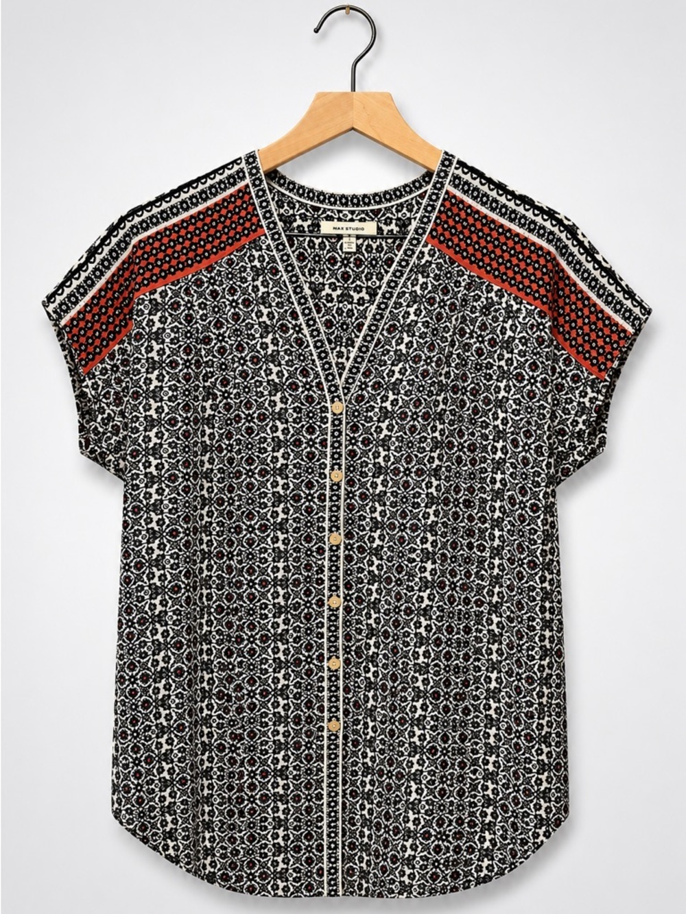 Max Studio Printed V-Neck Button Front Women’s Top - Black & Rust (309)